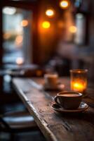 Coffee cup and candle on wooden table photo