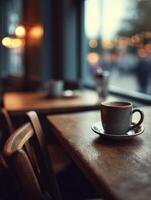 Coffee cup on wooden table in cafe photo