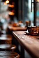 Warm ambiance invites relaxation in a cozy cafe with wooden decor photo