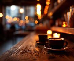 Two coffee cups sit on a wooden table photo