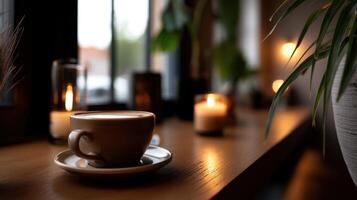 Warm ambiance envelopes cozy retreat with coffee and gentle light photo