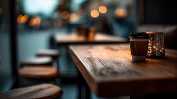 Coffee cups on wooden table with lights in background photo