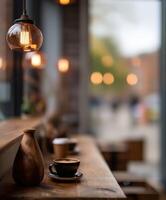 Warm ambiance in a cozy cafe with soft lighting and rich aroma photo