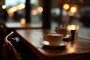 Warm coffee moments in a cozy cafe on a rainy evening photo