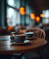 Warm cups waiting in a cozy cafe with soft ambient light photo