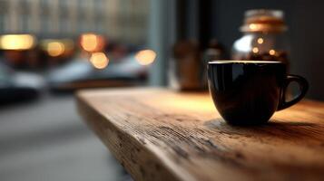 Warm atmosphere with a steaming cup of coffee resting on rustic wood photo