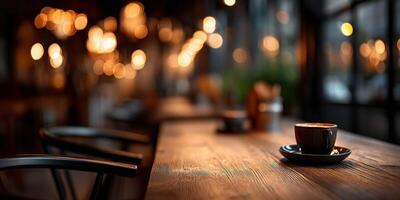 Warm ambiance fills the cozy cafe with golden lights at dusk photo