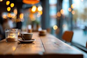 Coffee cup and candle on wooden table with bokeh lights photo