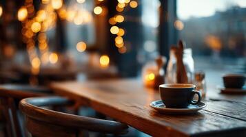 Cozy evening ambiance with warm lights and steaming coffee cup photo