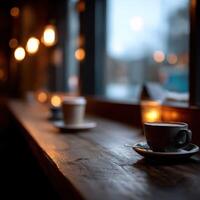 Warm evening ambiance with coffee cups in a cozy cafe setting photo