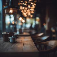 Cozy evening retreat with warm lights and steaming coffee in a cafe photo