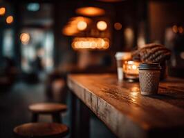 Inviting atmosphere with warm lighting and cozy decor in a cafe photo