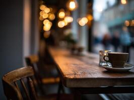 Cozy cafe setting with warm lights and a steaming cup of coffee photo