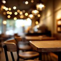 Cozy cafe interior with warm lighting and inviting wooden furniture photo
