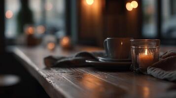 Cozy setting with warm candlelight and coffee on a rustic table photo