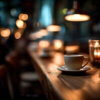 Warm ambiance of a cozy cafe with soft lighting and a steaming cup photo