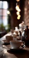 Warm ambiance surrounds cozy coffee cups in a charming interior setting photo
