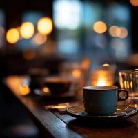 Warm drinks and soft lights create a cozy atmosphere in a cafe photo