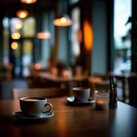 Two cups of coffee sit on a table in a restaurant photo