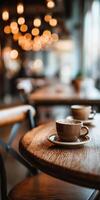 Warm cups of coffee await in a charming cozy cafe atmosphere photo