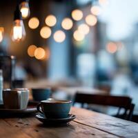 Warm ambiance fills a cozy cafe on a rainy afternoon in town photo
