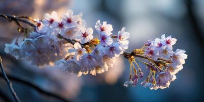 Cherry blossom flowers bloom in soft spring light photo