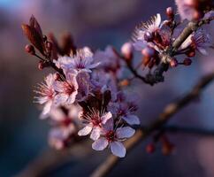 A close up of a branch of a tree with pink flowers photo