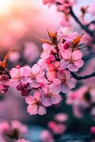 Cherry blossom flowers blooming in springtime sunlight photo