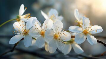 Flowering cherry blossoms bloom in spring sunlight photo