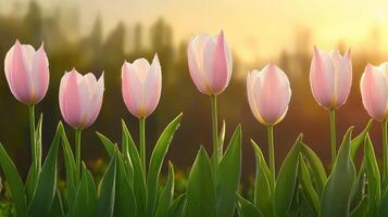 Soft pink tulips bloom at sunrise in a vibrant garden photo