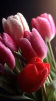 Colorful tulips with water droplets in soft light photo