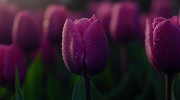 Beautiful tulip flowers with morning dew in spring photo