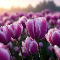 Dew-kissed tulips bloom in serene garden at dawn photo