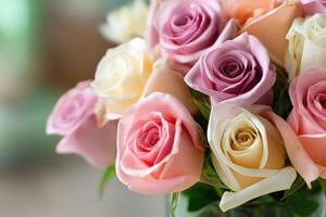 A vase filled with pink, white and yellow roses photo
