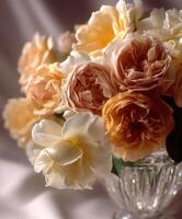 Roses arranged artfully in a delicate glass vase photo