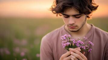 Young man holding flowers in a sunset field photo