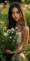 Beautiful young woman holding white flowers in a field photo