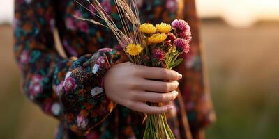 Beautiful bouquet of wildflowers held at sunset photo