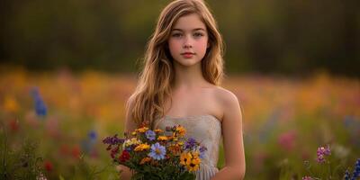 Girl holding bouquet in a flower field during sunset photo