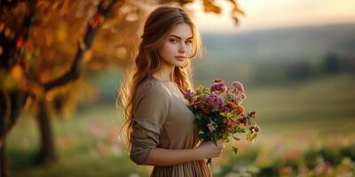 Beauty outdoors with a bouquet of colorful flowers photo