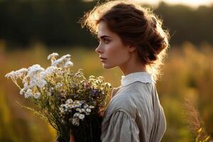 Woman collecting wildflowers in a sunlit field photo
