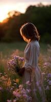A woman in a white dress is standing in a field of flowers photo