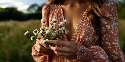 Woman holding small wildflowers in a sunny field photo