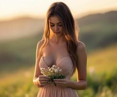 Beautiful woman holding flowers in a serene landscape photo