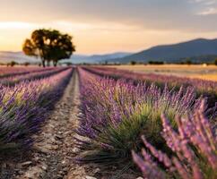 Lavender fields basking in golden sunset glow photo
