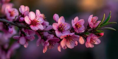 Blossoming peach tree branches in vibrant spring light photo