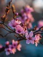 Pink flowers on a branch in the sun photo