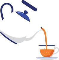 Tea pouring from teapot into cup with saucer illustration in white and blue colors vector