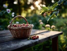 Freshly picked spring berries in a rustic basket photo