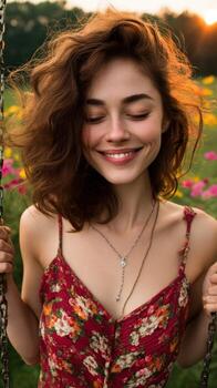 Woman enjoying spring on a swing in a flower field photo